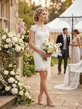 PETITE BRIDE White Lace Mini H&M - Sheer Back - Bridal Shower Dress 4
